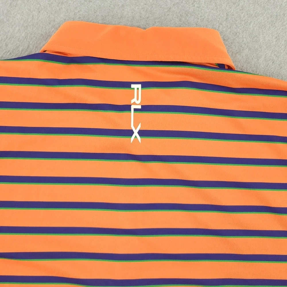 RLX Ralph Lauren Polo Shirt Mens L Orange Stripe Golf Performance Stretch Top